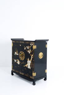 Bar cabinet: Black lacquered wood bar cabinet with ivory, mother-of-pearl, and gilded bronze appliqu&#233;s depicting scenes from Eastern life. Openable top. Late 19th century. 105x105x45 cm approx. Mobile bar in