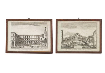Pair of small etchings "RIALTO SQUARE AND BRIDGE": Pair of small etchings on paper depicting "RIALTO SQUARE AND BRIDGE." Venice. 18th century. Framed. 17x23 cm approx. Coppia di piccole acqueforti su carta raffiguranti "PIAZZA E PONTE DI RIALTO". Vene