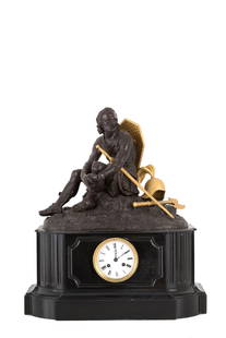 Table clock with "WARRIOR": Patinated and gilded bronze table clock depicting "WARRIOR." Black Belgian marble base. 19th century. 57x49x20 cm approx. Orologio da tavolo in bronzo patinato e dorato raffigurante ''GUERRIERO''. Bas