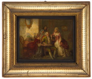 Painting "LIVING ROOM": Oil painting on cardboard depicting "LIVING ROOM". 18th century. Framed. Minor defects and restorations. 23.5x28 cm approx. Dipinto olio su cartoncino raffigurante "SALOTTO". XVIII secolo. In cornice.