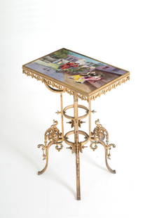 Parade table: Finely chiseled bronze state table with painted porcelain top depicting "CHARACTERS IN COSTUME." Early 20th century. 78x54x35 cm approx. Tavolino da parata in bronzo finemente cesellato con piano in p