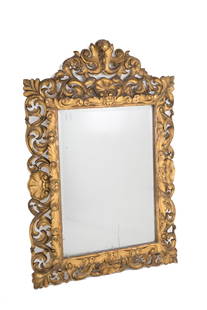 Mirror: Carved, perforated, and gilded wooden mirror. 19th century. Defects and missing parts. 146x100 cm approx. Specchiera in legno intagliato, traforato e dorato. XIX secolo. Difetti e mancanze. 146x100 cm