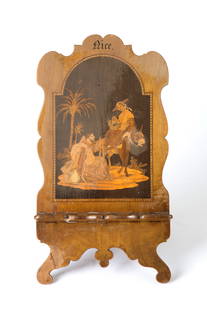 Wooden table lectern: Inlaid wooden lectern depicting "FLIGHT INTO EGYPT." Sorrento manufacture. 19th century. Minor defects. 44x22 cm approx. Leggio in legno intarsiato raffigurante "FUGA IN EGITTO". Manifattura di Sorren