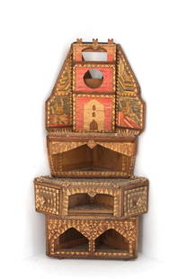 EGIDIO CUNIBERTI. Four-body corner cabinet: EGIDIO CUNIBERTI (Mondov&#236; 1928 - 2006). Four-piece corner cabinet with two figures and various decorations, made with colored wooden pieces. 1980s-1990s. Published in the artist's monograph edite