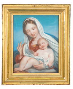 Pastel "MADONNA WITH CHILD": Pastel on cardboard depicting "MADONNA AND CHILD". Late 19th century. Framed. 51x40 cm approx. Pastello su cartoncino raffigurante "MADONNA CON BAMBINO". Fine XIX secolo. In cornice. 51x40 cm ca.