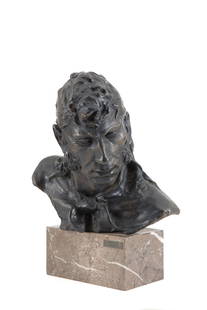 GIUSEPPE MORETTI. Sculpture "RAMON": GIUSEPPE MORETTI (Siena 1857 - Sanremo 1935). Bronze sculpture depicting "RAMON" on a marble base. Signed on the left shoulder. With a plaque on the base. 50x36x36 cm approx. GIUSEPPE MORETTI (Siena 1