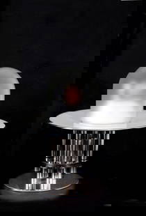 Ufo table lamp: Ufo table lamp with chromed steel tubes, a plastic disc, and a frosted glass shade. Italian manufacture. 1970s. Defects. 55x50 cm approx. Lampada da tavolo Ufo con tubi in acciaio cromato, disco in ma