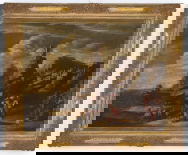 Painting "PORT SCENE": Oil on canvas depicting "PORT SCENE." 18th century. In a lacquered and gilded frame. Defects. 70x800 cm approx. Dipinto olio su tela raffigurante ''SCENA PORTUALE''. XVIII secolo. In cornice laccata e