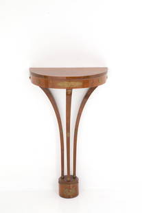 Small demilune console: Small, half-moon console table in veneered wood with gilded metal appliqu&#233;s. 19th century. Minor defects. 89x52x30 cm approx. Piccola consolle demilune in legno lastronato con applicazioni in lam