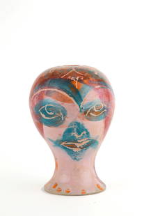 BRUNO  CECCOBELLI. Ceramic sculpture "HEAD": BRUNO CECCOBELLI (Todi 1952). Painted ceramic sculpture depicting "HEAD". Signed on the bottom. With photograph of the work with the inscription "Todi, 12.03.'94" and archive number 129 on the back. 2