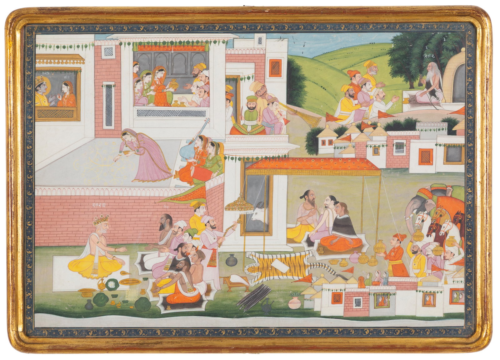 Gouache "SCENE FROM THE RAMAYANA": PAHARI SCHOOL, 19TH CENTURY KANGRA. Gouache on rice paper depicting "SCENE FROM THE RAMAYANA." India. Framed. Comes with a certificate of free circulation. 38x28x1 cm approx. SCUOLA PAHARI, KANGRA DEL