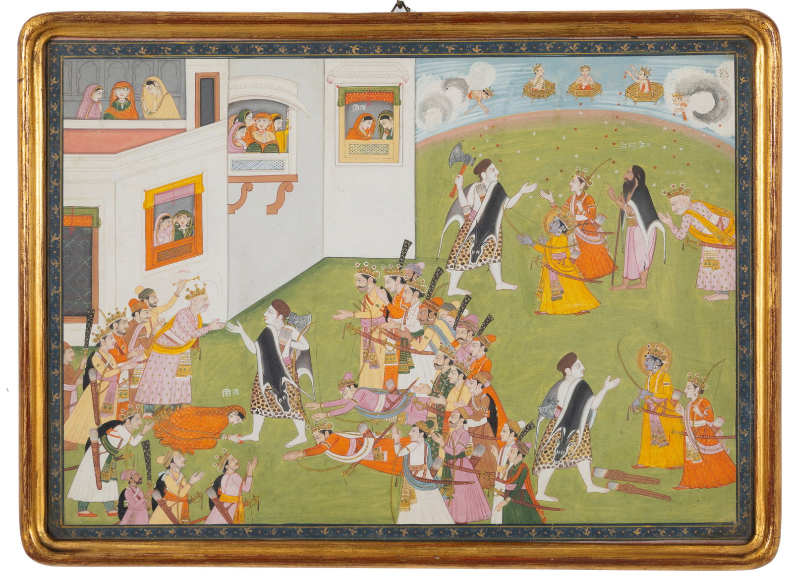 Gouache "SCENE FROM THE RAMAYANA": PAHARI SCHOOL, 19TH CENTURY KANGRA. Gouache on rice paper depicting "SCENE FROM THE RAMAYANA." India. Framed. Comes with a certificate of free circulation. 38x28x1 cm approx. SCUOLA PAHARI, KANGRA DEL