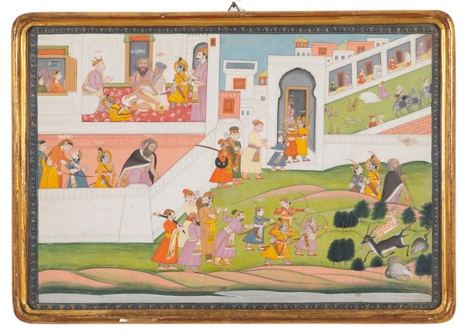 Gouache "SCENE FROM THE RAMAYANA": PAHARI SCHOOL, 19TH CENTURY KANGRA. Gouache on rice paper depicting "SCENE FROM THE RAMAYANA." India. Framed. Comes with a certificate of free circulation. 38x28x1 cm approx. SCUOLA PAHARI, KANGRA DEL