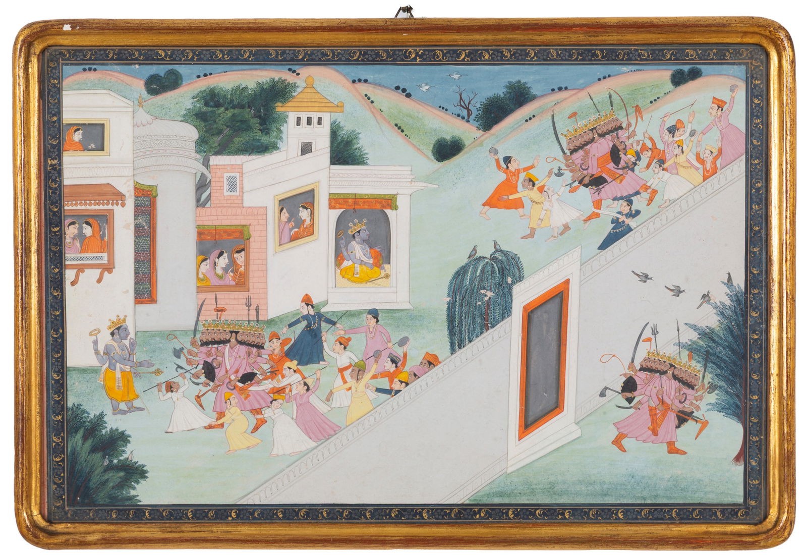 Gouache "SCENE FROM THE RAMAYANA": PAHARI SCHOOL, 19TH CENTURY KANGRA. Gouache on rice paper depicting "SCENE FROM THE RAMAYANA." India. Framed. Small defect on the palm. Accompanied by a certificate of free circulation. 38x28x1 cm app