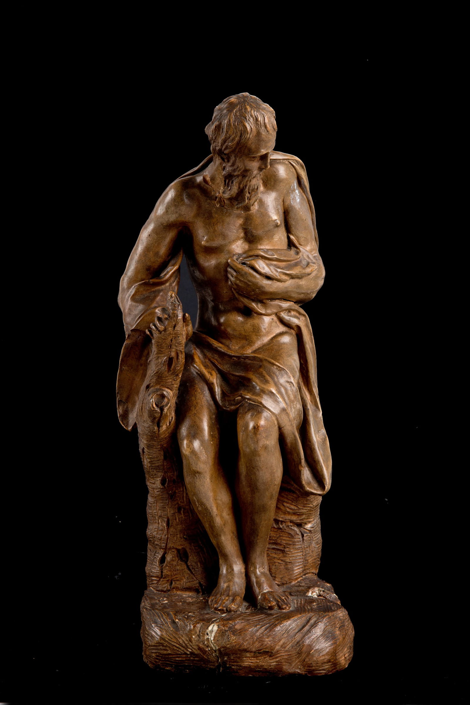 ALESSANDRO VITTORIA (circle of). Terracotta sculpture "SAINT JEROME THE PENITENT": ALESSANDRO VITTORIA (circle of)(Trento 1525 - Venezia 1608). Patinated terracotta sculpture depicting "SAINT JEROME THE PENITENT". Defects. 39x16x17 cm approx. ALESSANDRO VITTORIA (cerchia di)(Trento