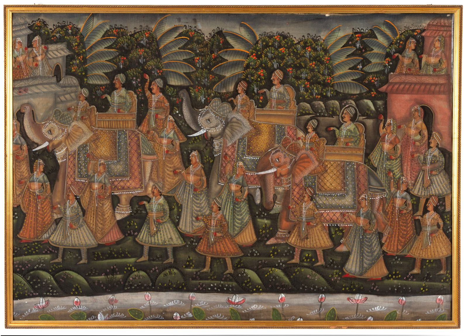 Tempera "ROYAL PROCESSION OF MAHARAJA": Tempera on canvas depicting "ROYAL PROCESSION OF THE MAHARAJA". India. Mughal Raj period. Framed. 100x142 cm approx. Tempera su tela raffigurante "CORTEO REALE DI MAHARAJA". India. Periodo Raj