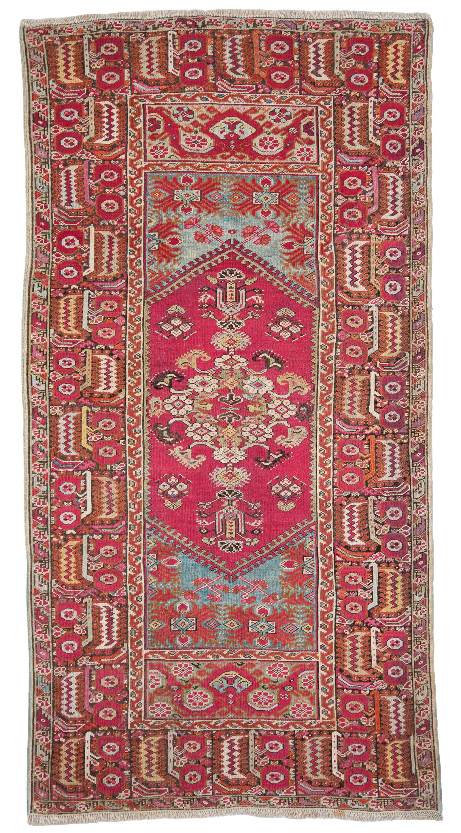 Ghiordes carpet. Anatolia: Ghiordes carpet. Anatolia. Second half of the 19th century. Excellent condition, natural brown corrosion, pile field. 210x110 cm approx. Tappeto Ghiordes. Anatolia. Seconda meta' del XIX secolo.