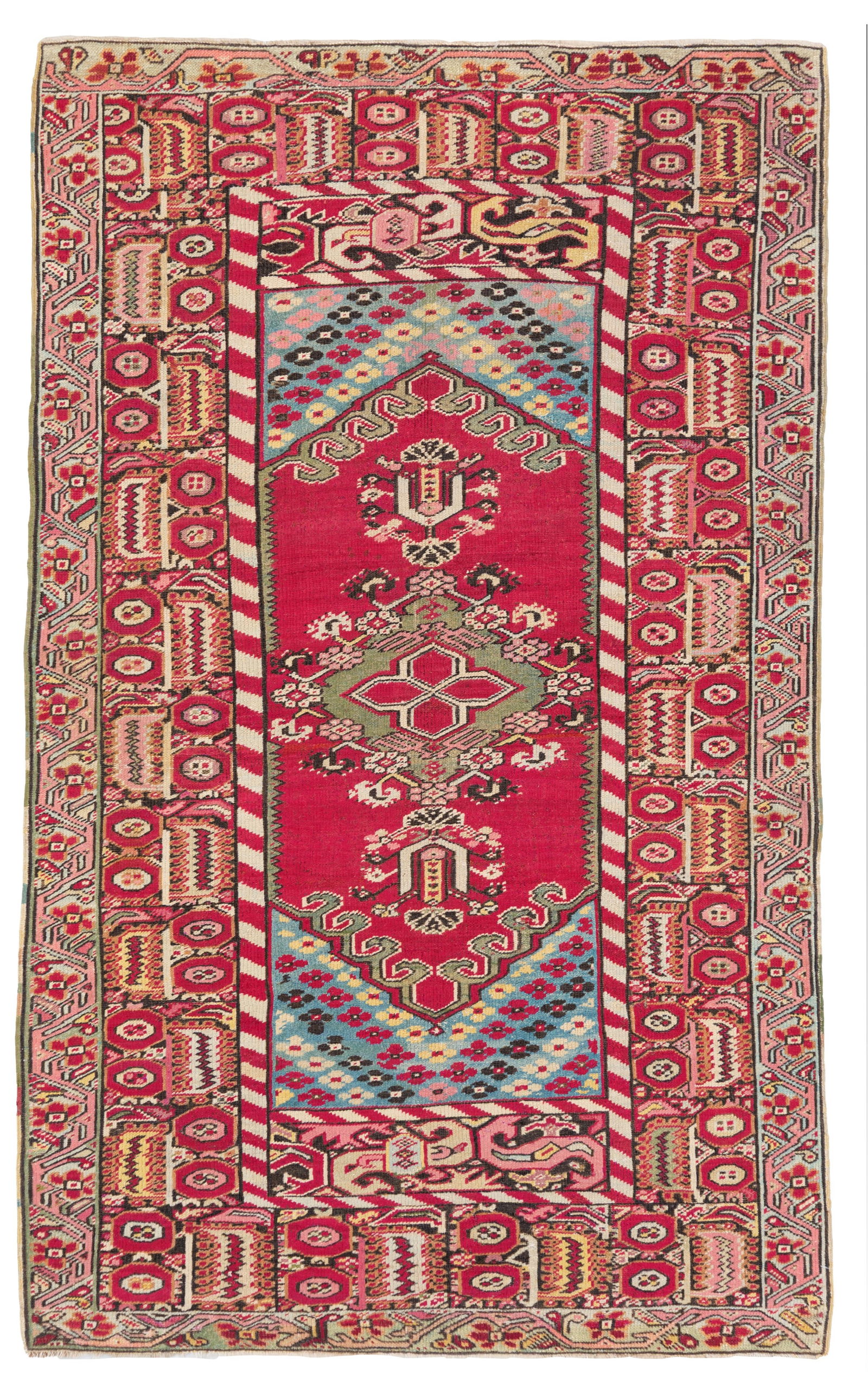 Ghiordes carpet. Anatolia: Ghiordes carpet. Anatolia. Second half of the 19th century. Excellent condition, reconstructed headboards. 202x125 cm approx. Tappeto Ghiordes. Anatolia. Seconda meta' del XIX secolo. Ottimo stato di