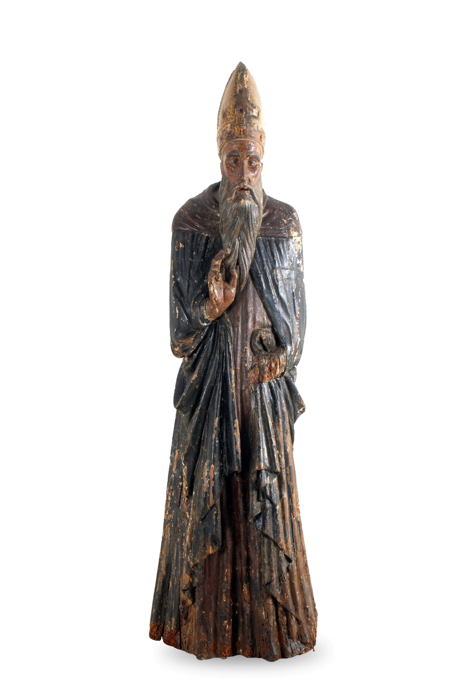 Wooden sculpture "BISHOP": Lacquered wooden sculpture depicting "BISHOP". Siena. 14th century. Height approx. 184 cm. Scultura lignea laccata raffigurante "VESCOVO". Siena. XIV secolo. Alt. 184 cm ca.