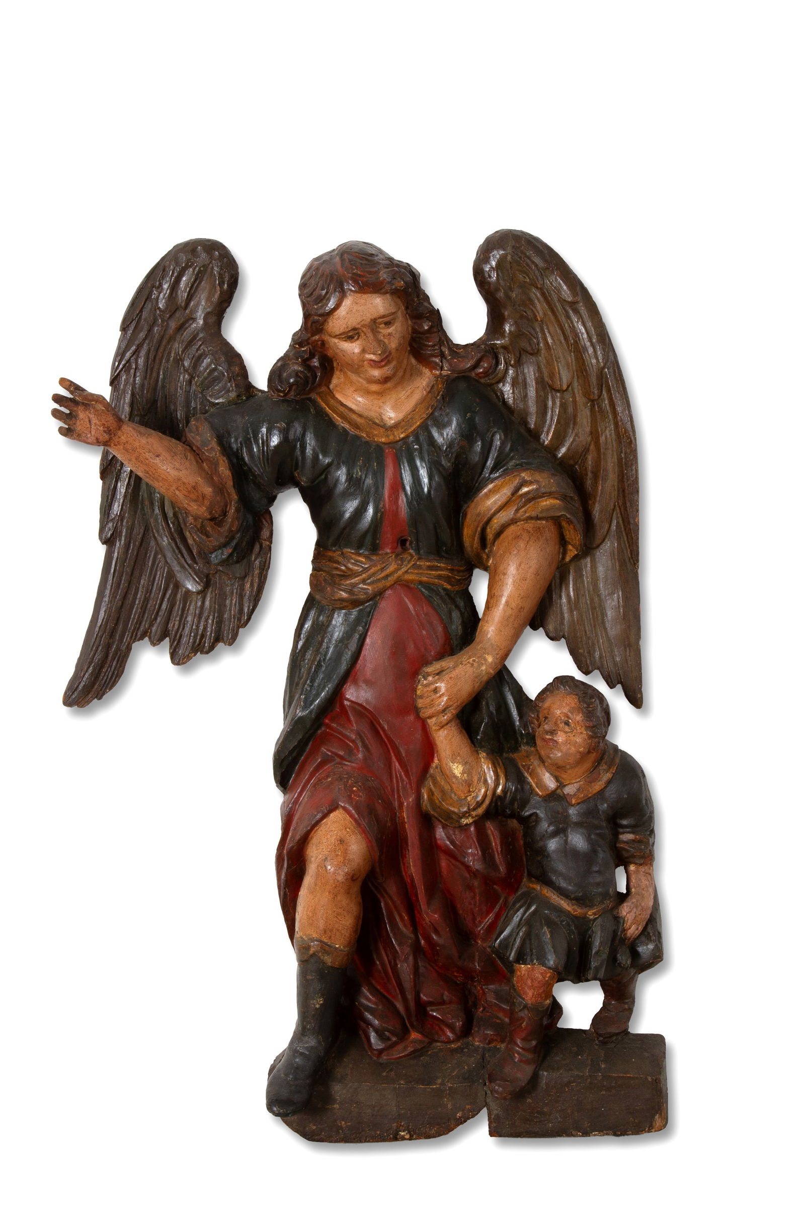 Sculpture "TOBIA AND THE ANGEL": Polychrome, carved, and lacquered wooden sculpture depicting "TOBIA AND THE ANGEL". 17th century. Defects. 118x80 cm approx. Scultura in legno policromo, scolpito e laccato raffigurante "TOBIA E
