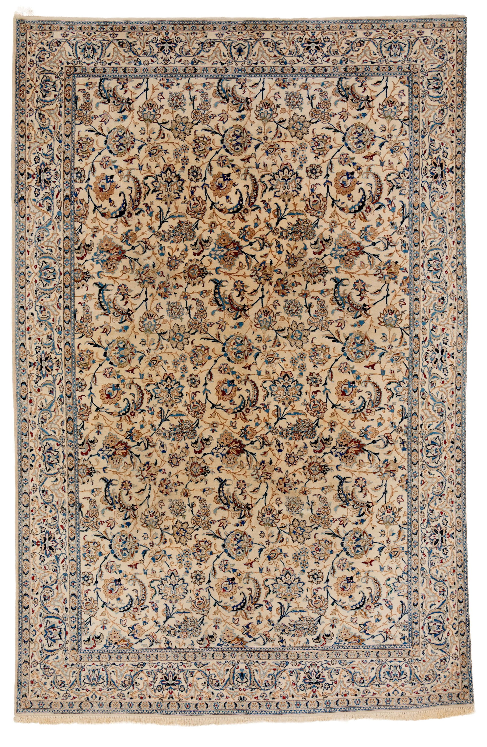 Nain 6La rug in fine wool and silk. Persia.: Nain 6La rug in fine wool and silk. Persia. Full pile, no worn areas, very small tear in the field, four original sides. Requires simple cleaning. 313x205 cm approx. Tappeto Nain 6La in lana e seta qu