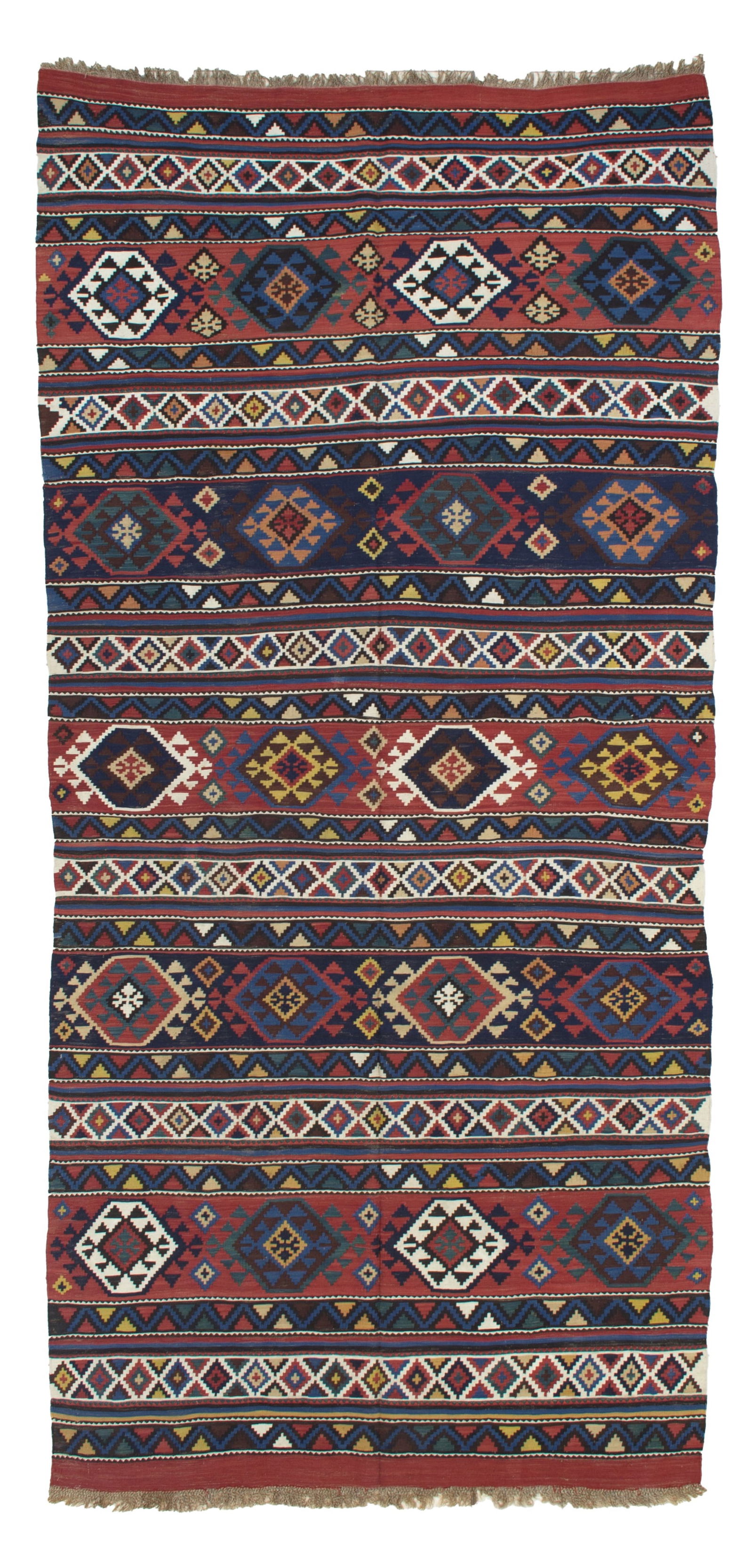 Shirwan kilim. Caucasus: Shirwan wool kilim with white cotton accents. Caucasus. Second half of the 19th century.?Perfect state of preservation. 331x152 cm approx. Kilim Shirwan in lana con parti bianche in cotone. Caucaso.
