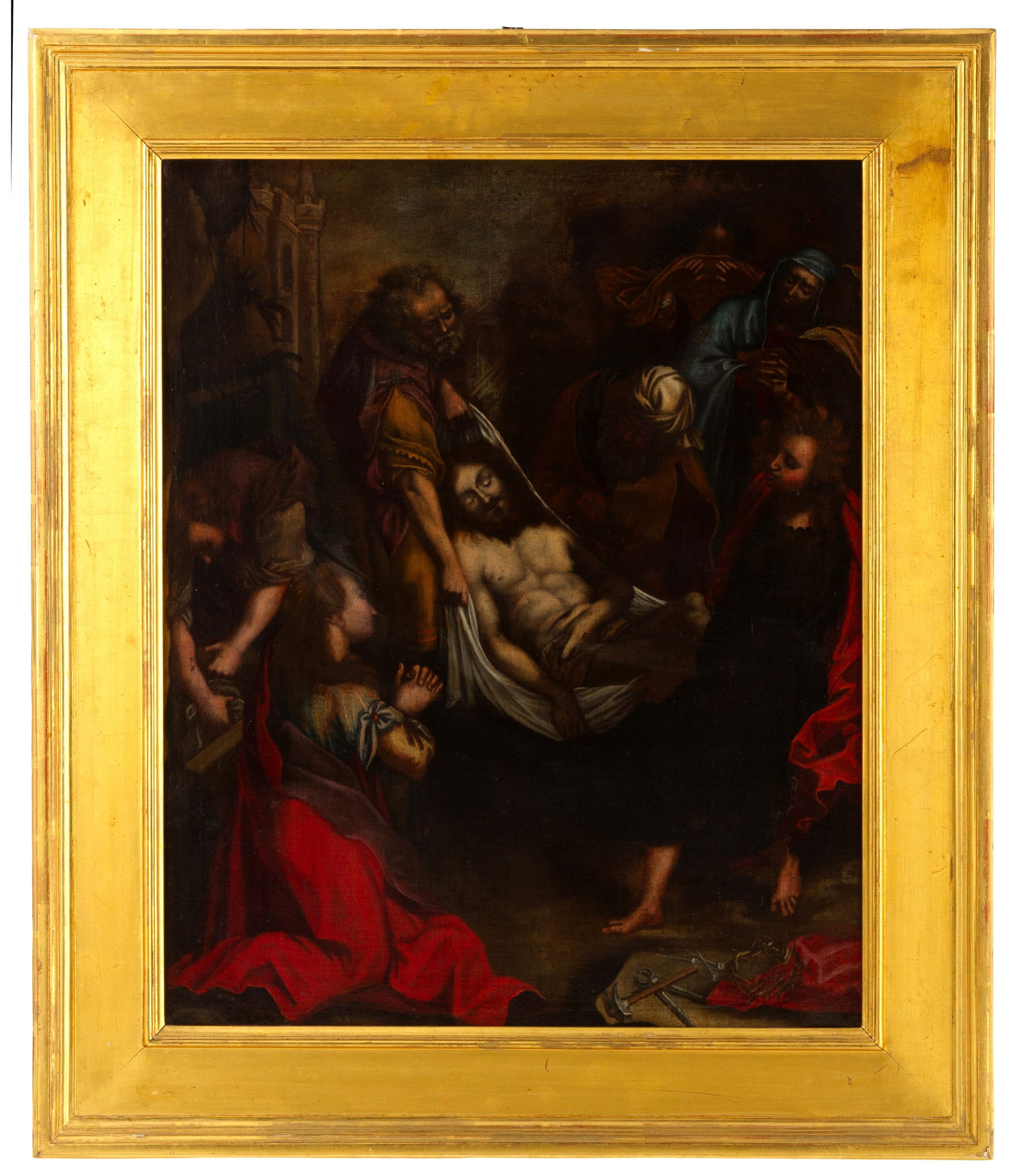 Painting "DEPOSITION": Oil painting on canvas depicting "DEPOSITION". 17th century. Framed. Defects and restorations. Already re-stretched and re-framed. 75x60.5 cm approx. Dipinto olio su tela raffigurante "DEPOSITION".