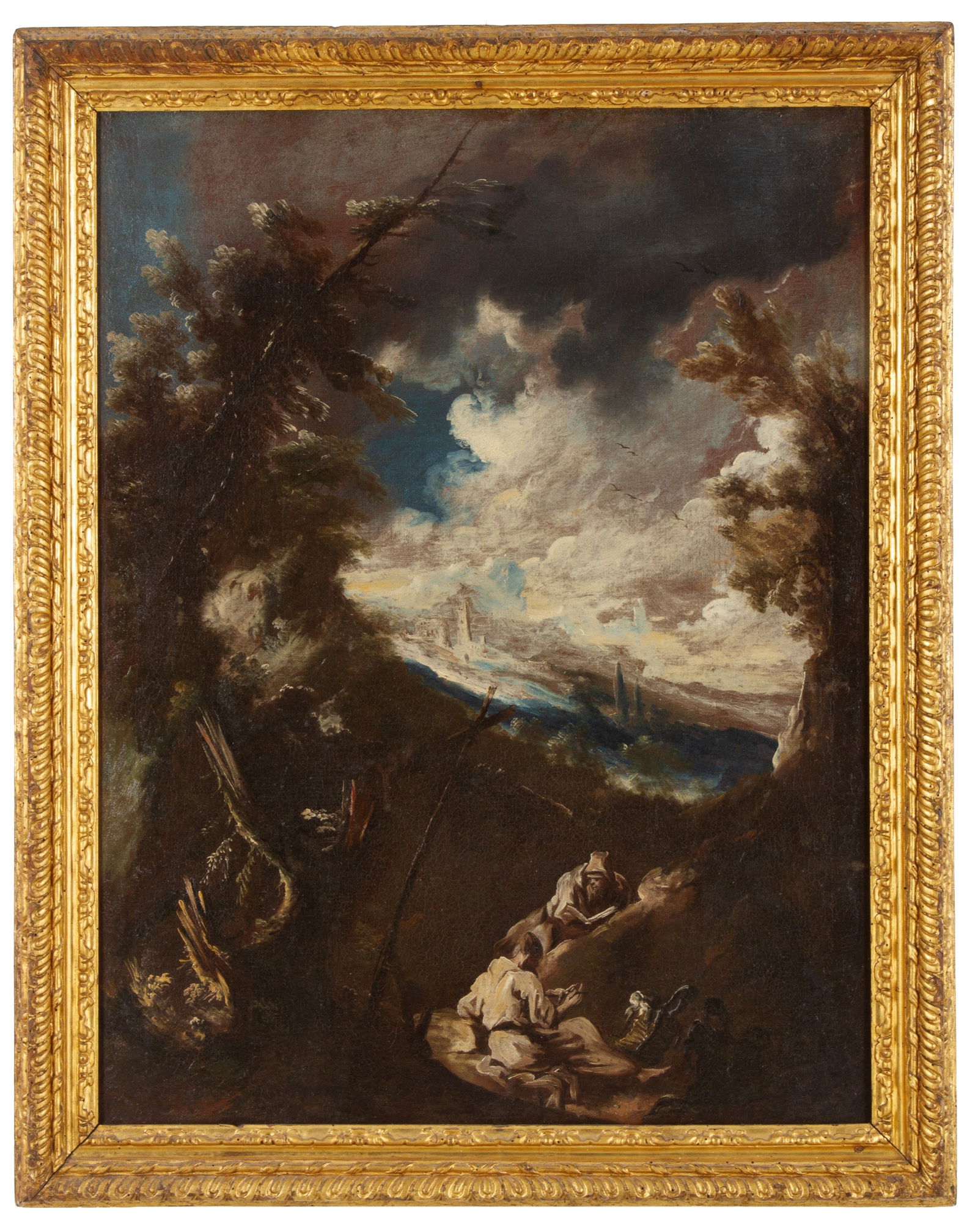 ALESSANDRO MAGNASCO. Painting "MOUNTAIN VIEW WITH FRIARS": ALESSANDRO MAGNASCO (Genova 1667 - 1749). Oil painting on canvas depicting "MOUNTAIN VIEW WITH FRIARS". In a gilded frame. Already re-stretched and re-lined. 98x74 cm approx. ALESSANDRO MAGNASCO (Geno