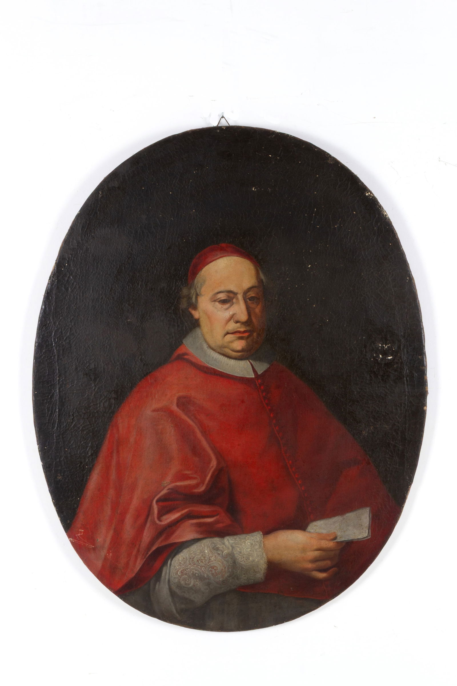 Oval painting "PORTRAIT OF A CARDINAL": Oval oil on canvas painting depicting "PORTRAIT OF A CARDINAL." 18th century. Already relined and restretched. Defects and restorations. 112x87.5 cm approx. Dipinto ovale olio su tela raffigurante "RI