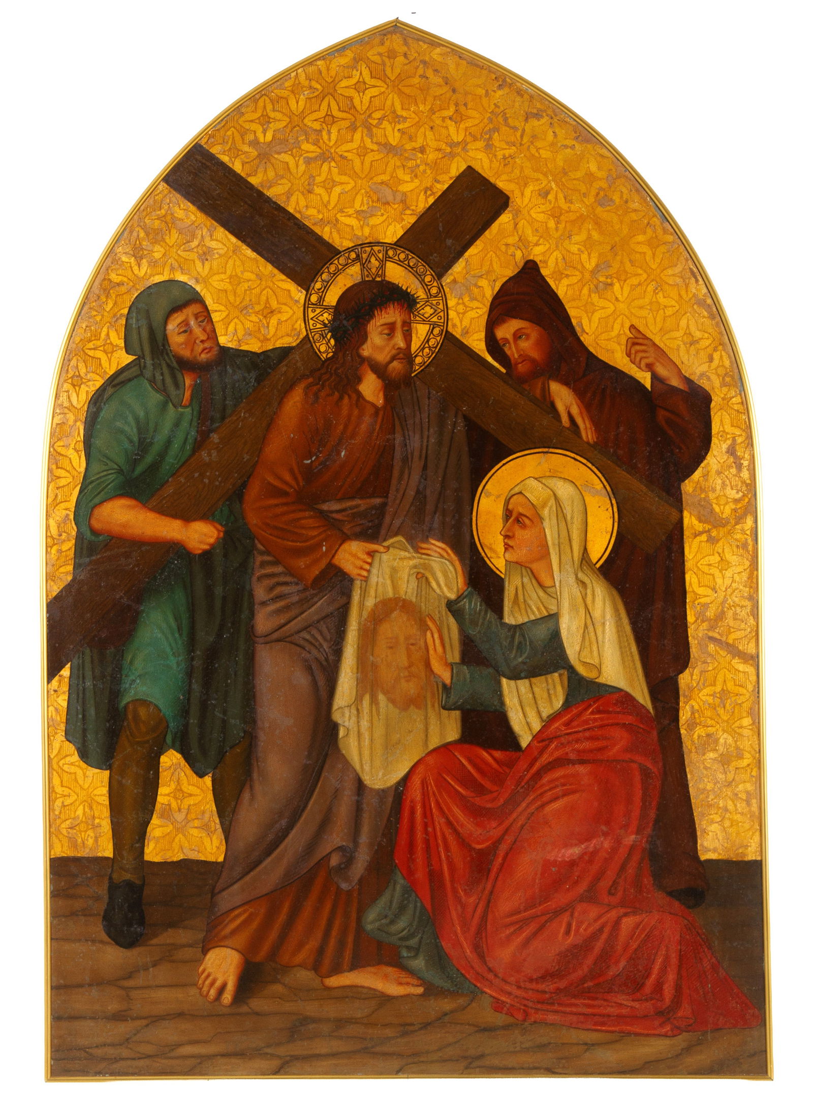 Gold background "SAINT VERONICA AND THE HOLY FACE": Gold background on metal plate depicting "SAINT VERONICA AND THE HOLY FACE". 20th century. Defects and restorations. 106x72 cm approx. Fondo oro su lastra di metallo raffigurante "SANTA VERONICA E IL