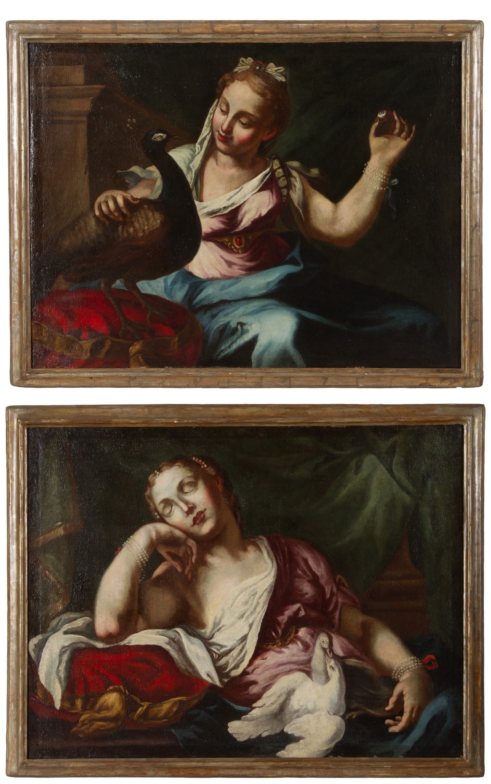 Paintings "JUNO" and "SLEEPING VENUS": EARLY 18TH CENTURY VENETIAN PAINTER. Two oil paintings on canvas depicting "JUNO" and "SLEEPING VENUS WITH COOING DOVES". In contemporary frames. Restored. Already re-stretched and re-framed. 75x97 cm