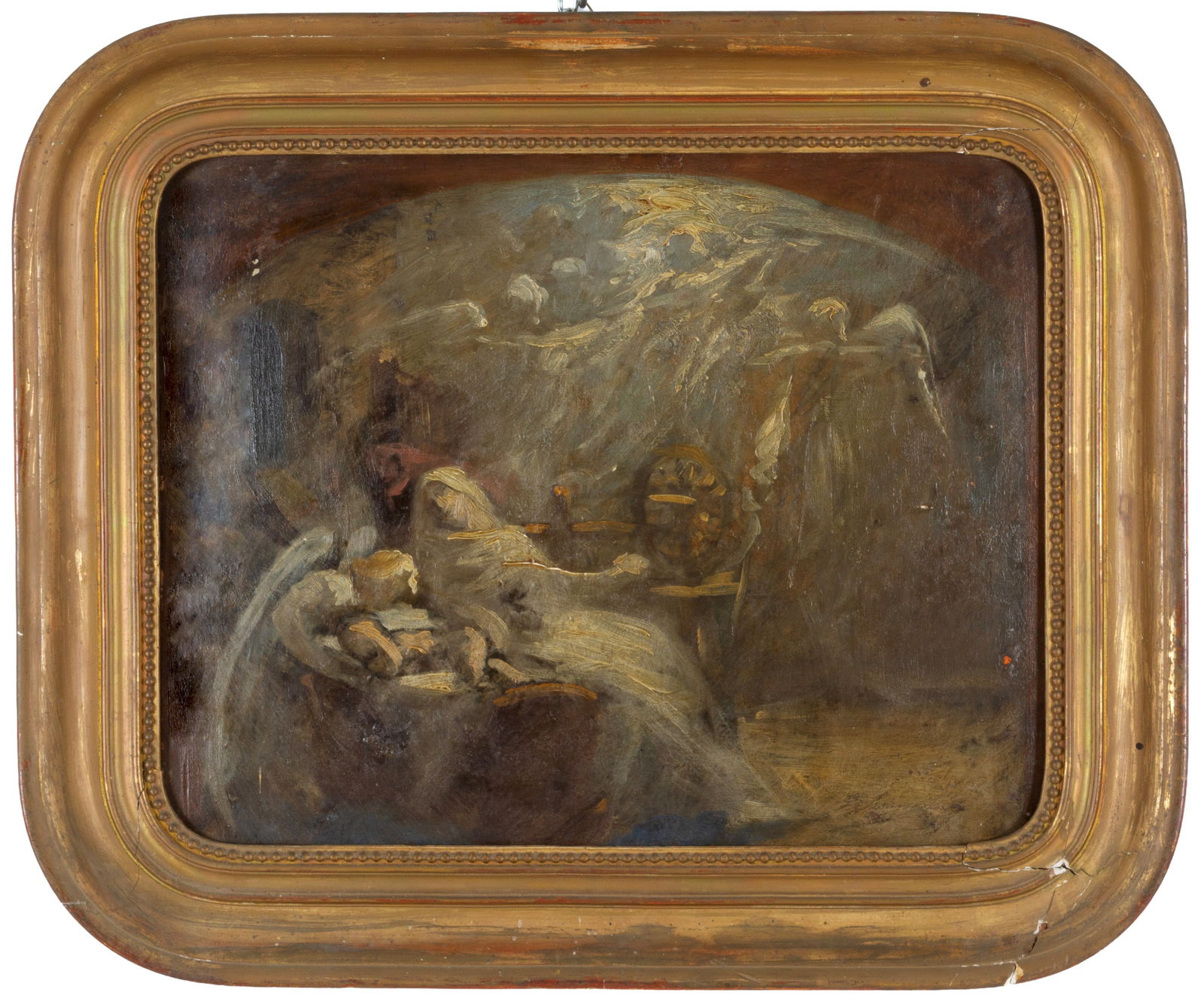 Sketch "FEMALE FIGURE WITH ANGELS": Oil on cardboard sketch depicting "FEMALE FIGURE WITH ANGELS". Late 19th-early 20th century. In a gilded frame. Minor paint losses and restorations. 37.5x46 cm approx. Bozzetto olio su cartone raffigu