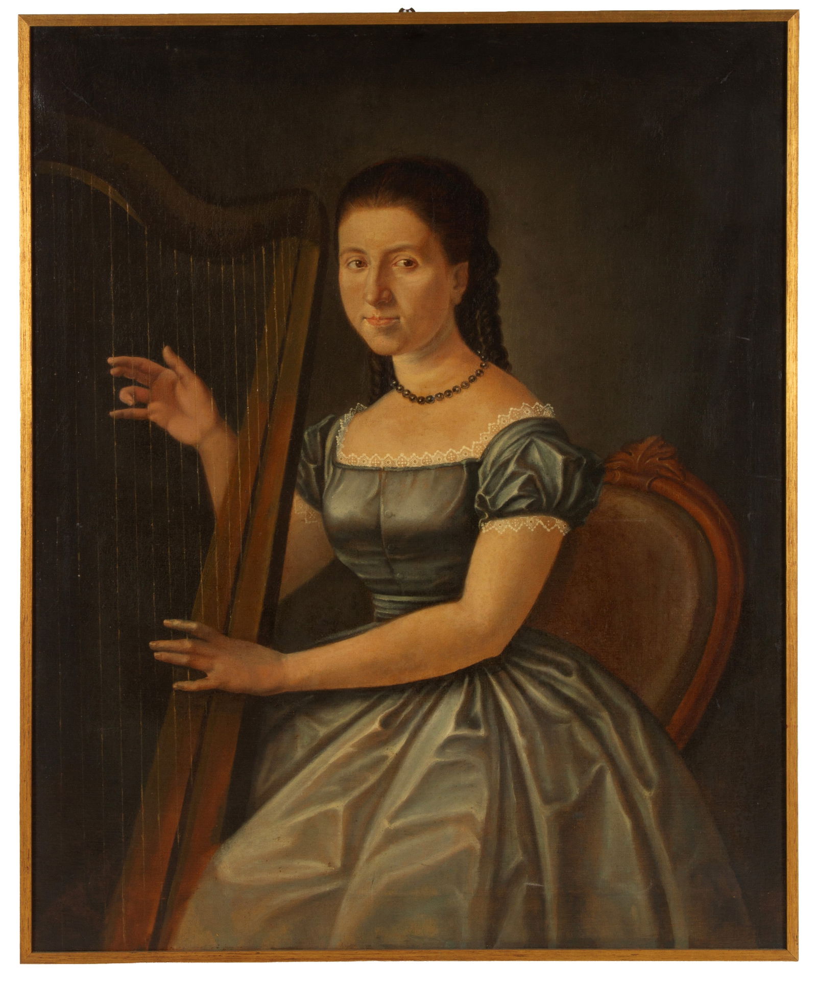 Painting "LADY WITH HARP": Oil painting on canvas depicting "LADY WITH HARP". 19th century. Minor restorations. 114x92.5 cm approx. Dipinto olio su tela raffigurante "GENTILDONNA CON ARPA". XIX secolo. Lievi restauri.? 114x92,5