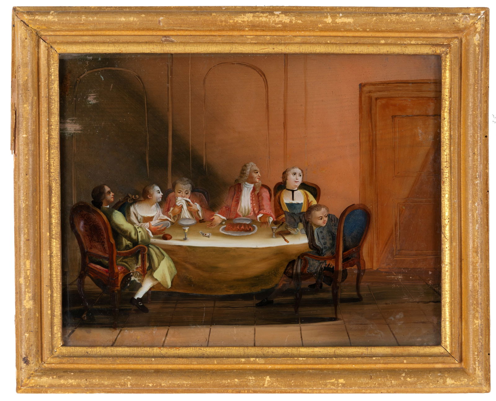 Painting "INTERIOR SCENE": Painting painting on glass depicting "INTERIOR SCENE". Venice. 18th century. Defects. In a gilded wooden frame. 19x25 cm approx. Dipinto su vetro raffigurante "SCENA DI INTERNO". Venezia. XVIII secolo