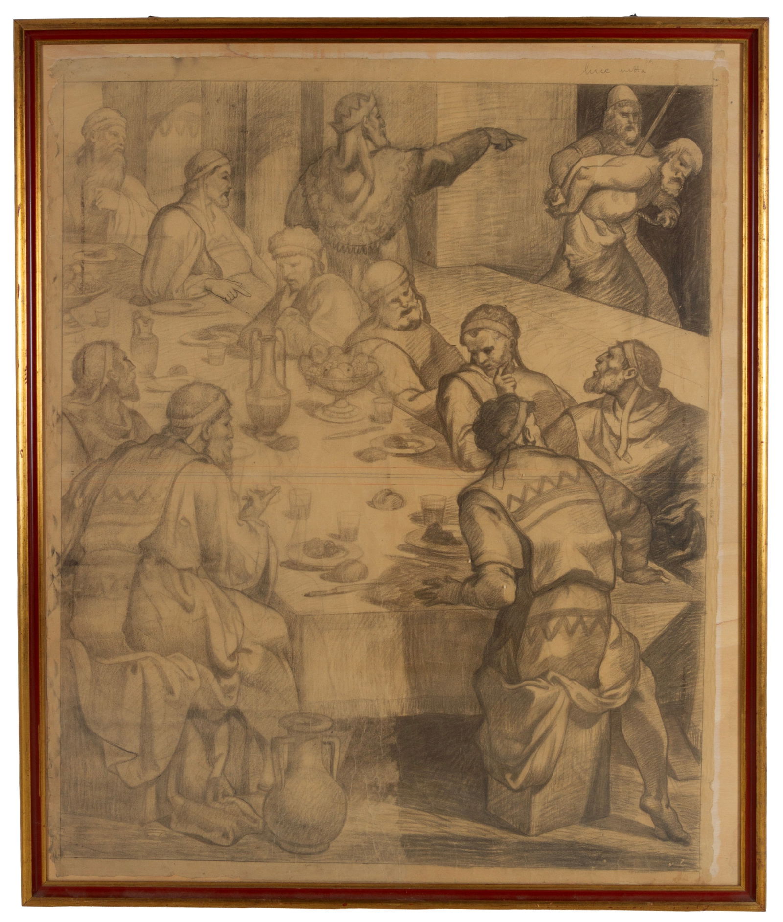 Preparatory sketch "BANQUET": Preparatory sketch, charcoal on paper, depicting "BANQUET". 19th century. Framed. 143x120 cm approx. Bozzetto preparatorio carboncino su carta raffigurante "BANCHETTO". XIX secolo. In cornice. 143x120