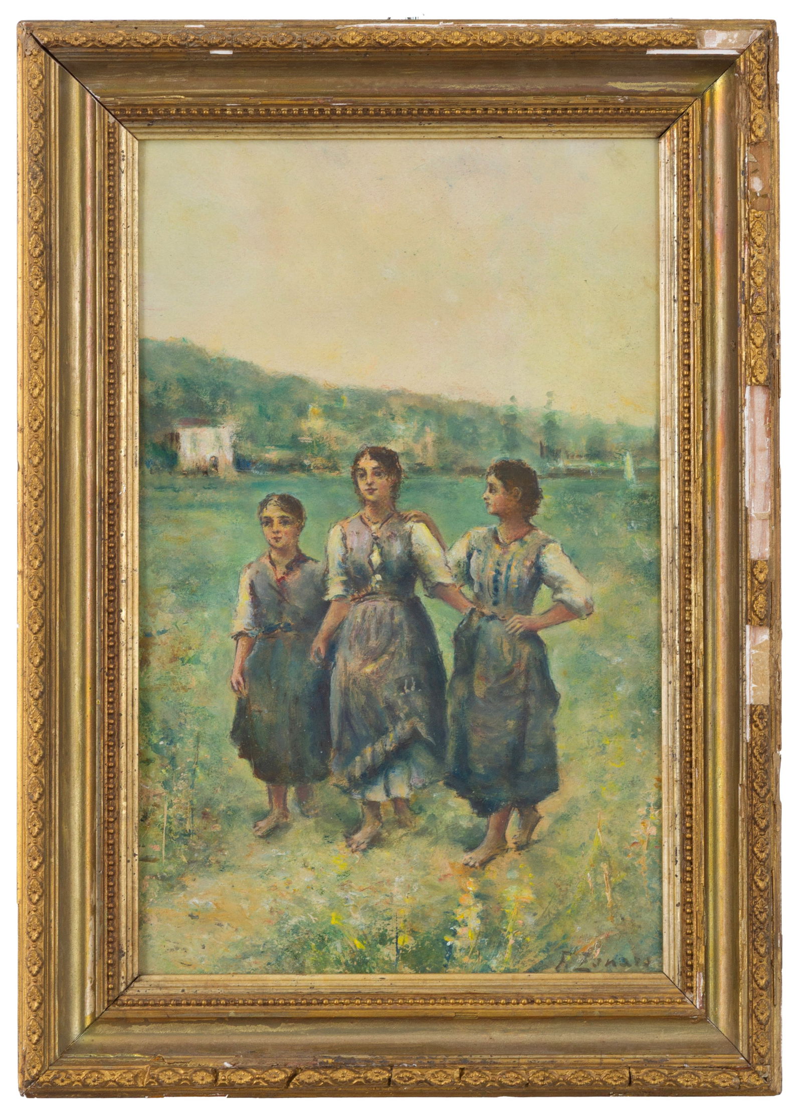FAUSTO ZONARO. Watercolor "THREE GIRLS": FAUSTO ZONARO (Masi 1854 - Sanremo 1929). Watercolor on cardboard depicting "THREE GIRLS". Signed lower right. In a gilded wooden frame. Defects. 41x26 cm approx. FAUSTO ZONARO(Masi 1854 - Sanremo 192