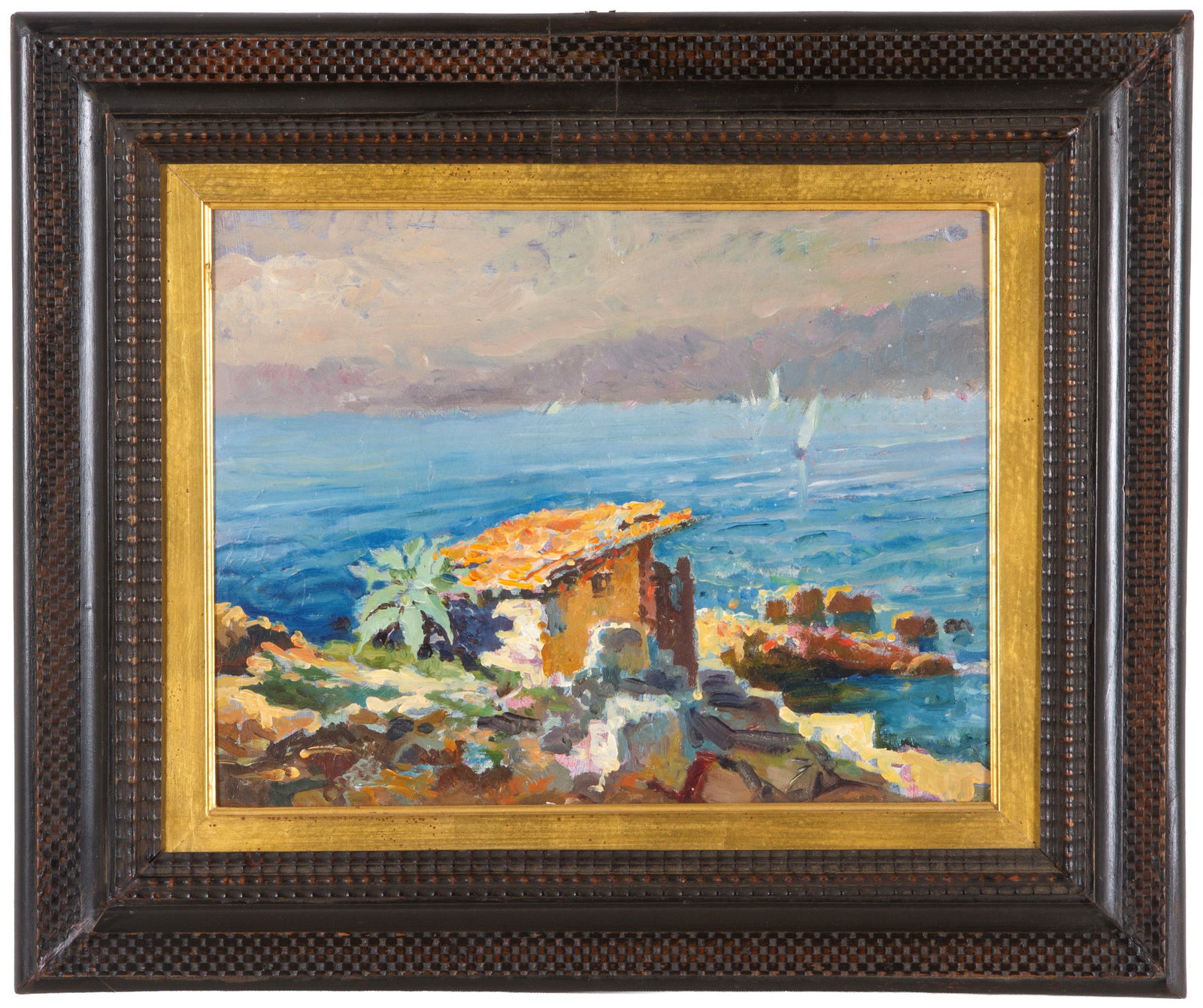 BARTOLOMEO BEZZI. Painting "VIEW OF THE LAKE": BARTOLOMEO BEZZI (Fucine d'Ossana 1851 - Cles 1923). Oil painting on cardboard depicting "VIEW OF THE LAKE". Signed on the back. In an ebonized wooden frame. 34x44 cm approx. BARTOLOMEO BEZZI (Fucine