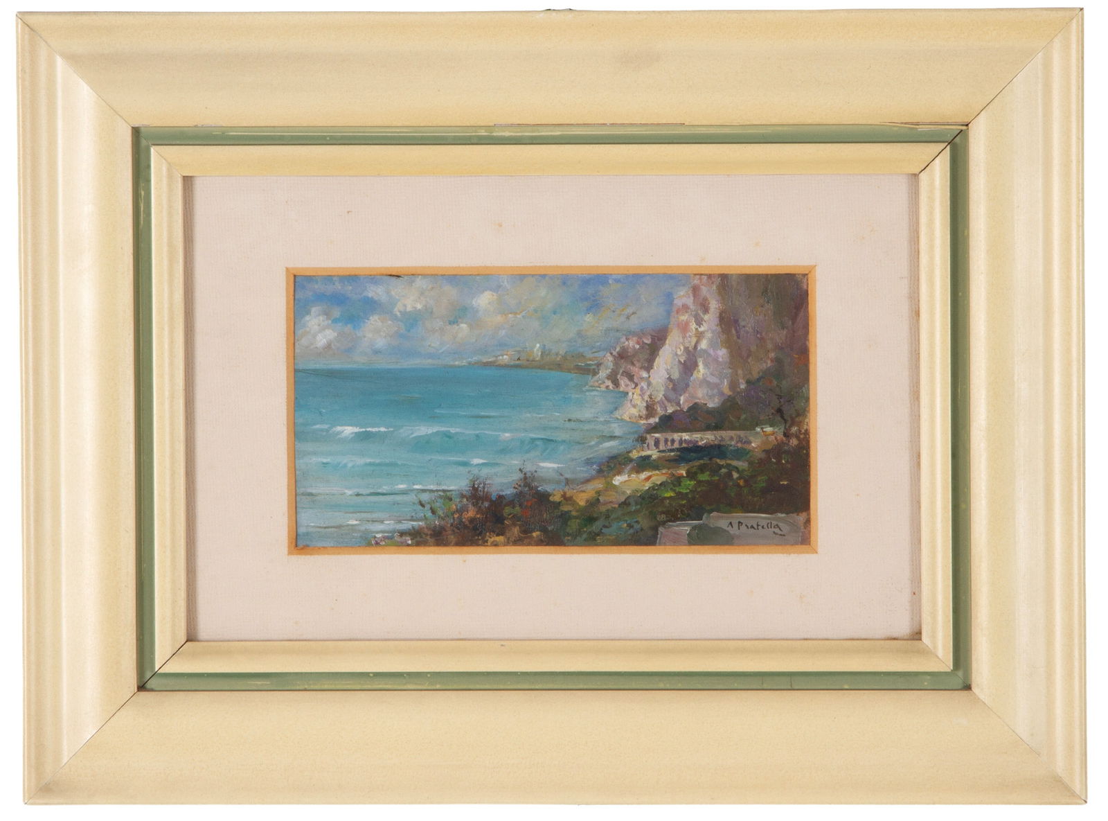 ATTILIO PRATELLA. Painting "COASTAL SEA": ATTILIO PRATELLA (Lugo 1856 - Napoli 1949). Oil painting on panel depicting "COASTAL SEA". Signed lower right. Framed in a lacquered wood. 11x21 cm approx. ATTILIO PRATELLA (Lugo 1856 - Napoli 1949).