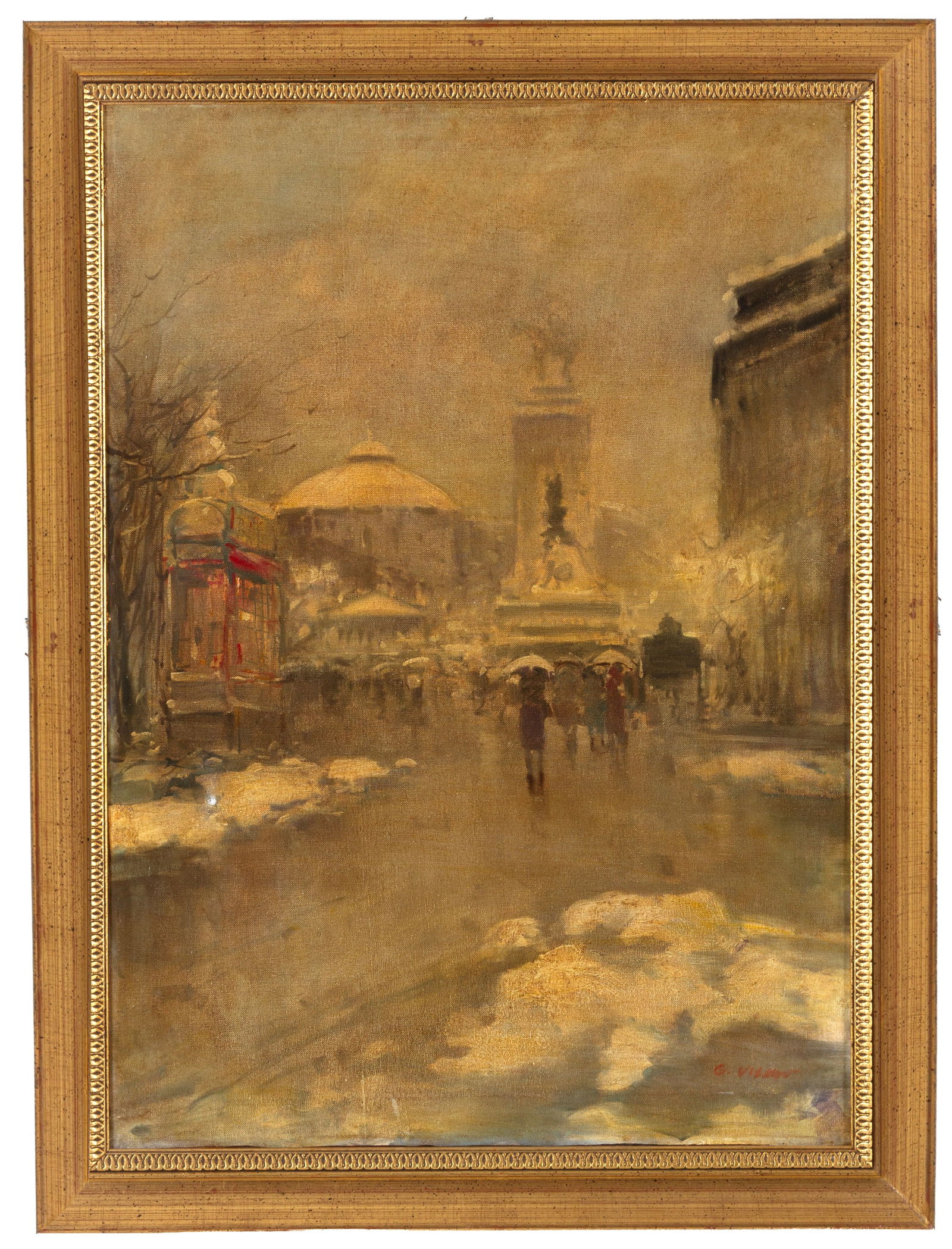 Painting "VECCHIA MILANO": Oil painting on canvas titled "VECCHIA MILANO" on the reverse. Unidentified signature lower right. 20th century. Framed. 69.5x49.5 cm approx. Dipinto olio su tela intitolato "VECCHIA MILANO" sul retro
