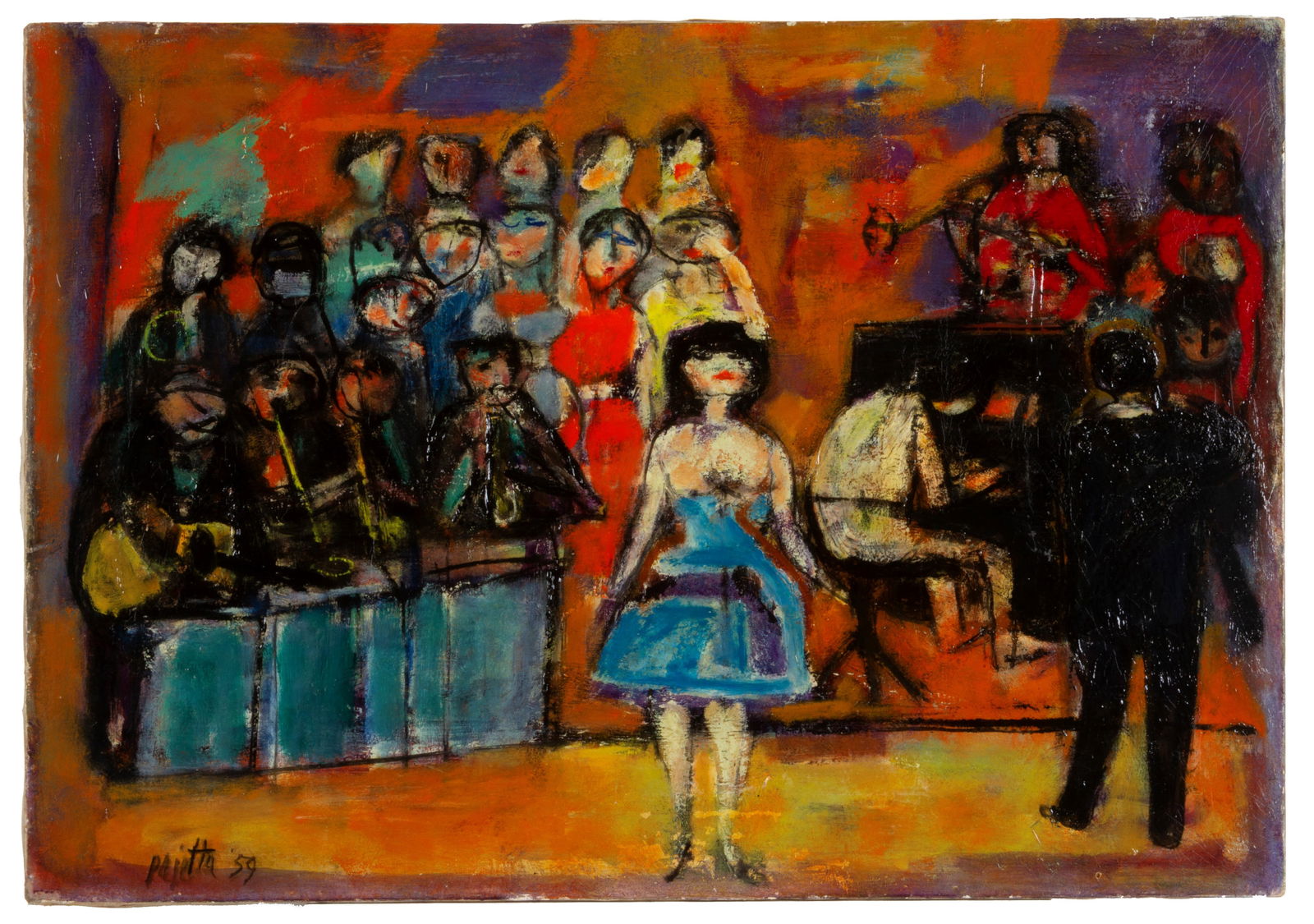 GUIDO PAOLO PAJETTA. Painting "SINGER AND ORCHESTRA": GUIDO PAOLO PAJETTA (Monza 1898 - Milano 1987). Oil painting on canvas depicting "SINGER AND ORCHESTRA". Signed and dated '59 lower left. Stamp 0599 on the reverse. Archive number 1599. Published in t