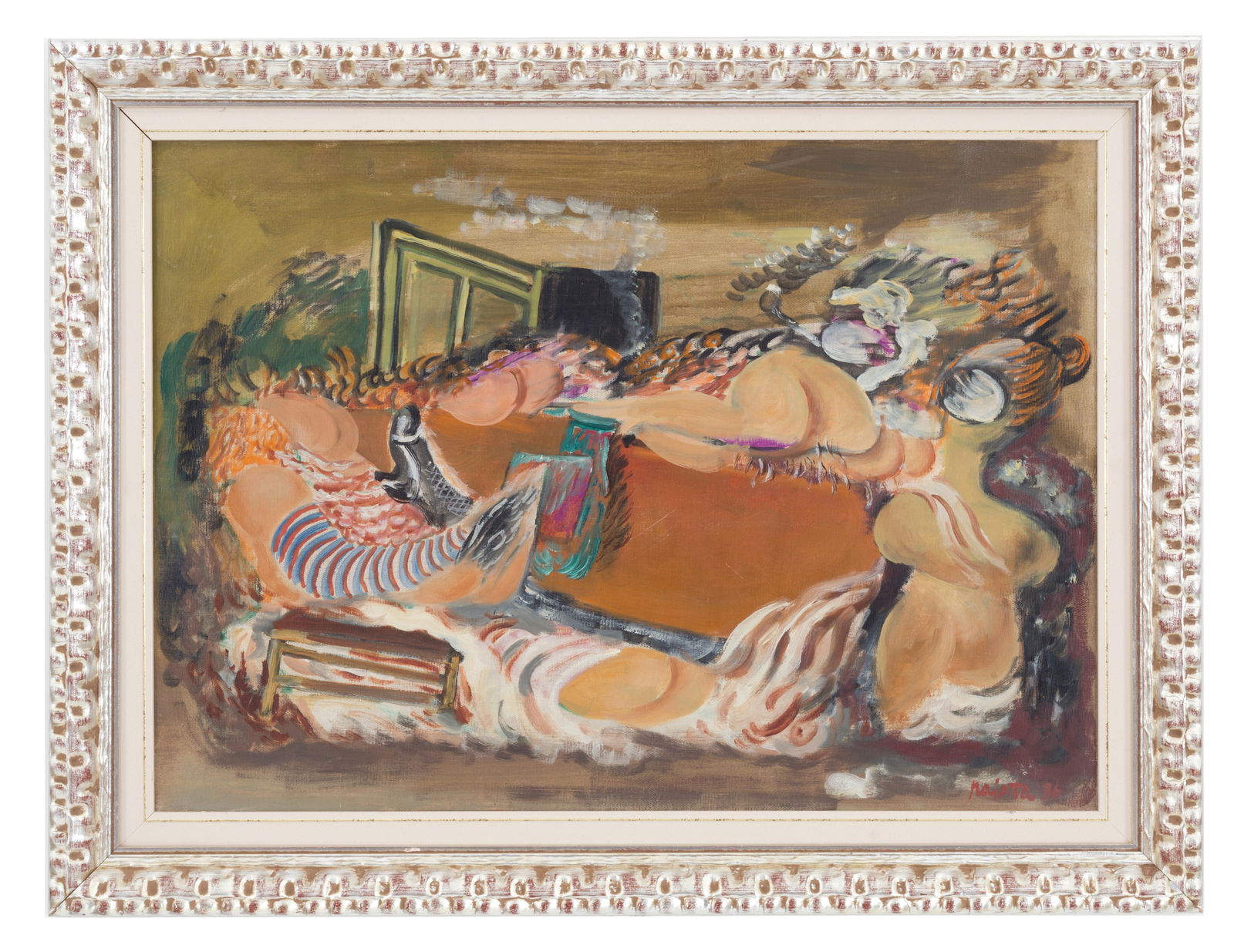 GUIDO PAOLO PAJETTA. Painting "BODIES AND BOOTS": GUIDO PAOLO PAJETTA (Monza 1898 - Milano 1987). Oil painting on canvas depicting "BODIES AND BOOTS". Signed and dated '36 lower right. Stamp 00675 on the reverse. Framed. Archive number 2675. Publishe