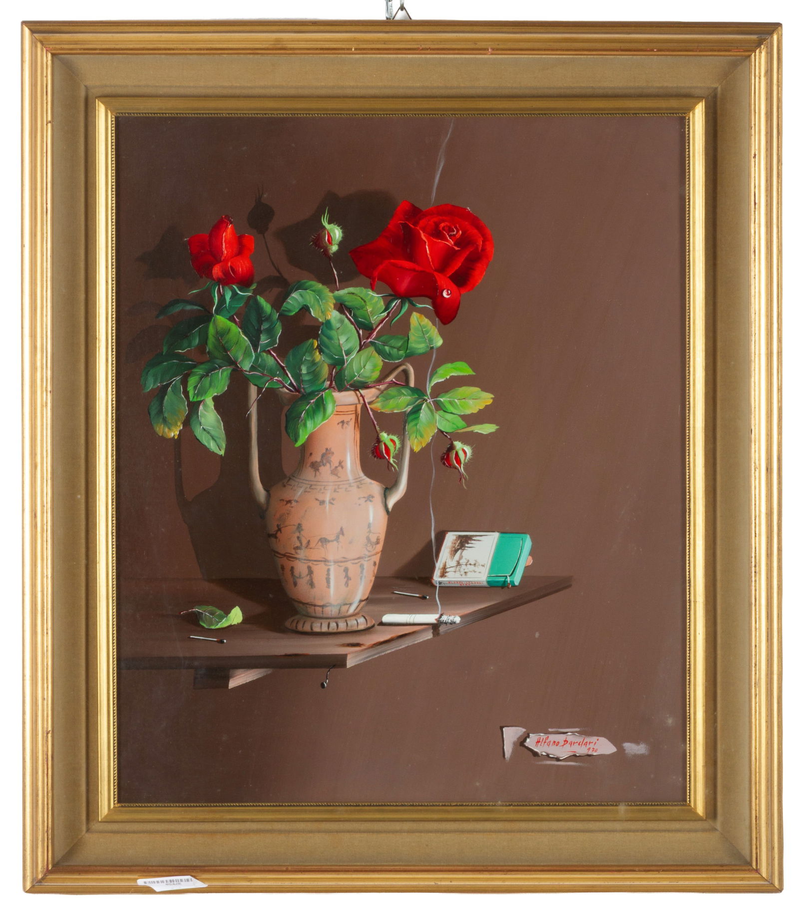 ALFANO DARDARI. Painting "TROMPE L'OEIL WITH VASE OF ROSES": ALFANO DARDARI (Meldola 1924 - 1988). Oil painting on canvas depicting "TROMPE L'OEIL WITH VASE OF ROSES". Signed and dated '70 lower right. Framed. 60x50 cm approx. ALFANO DARDARI (Meldola 1924 - 198