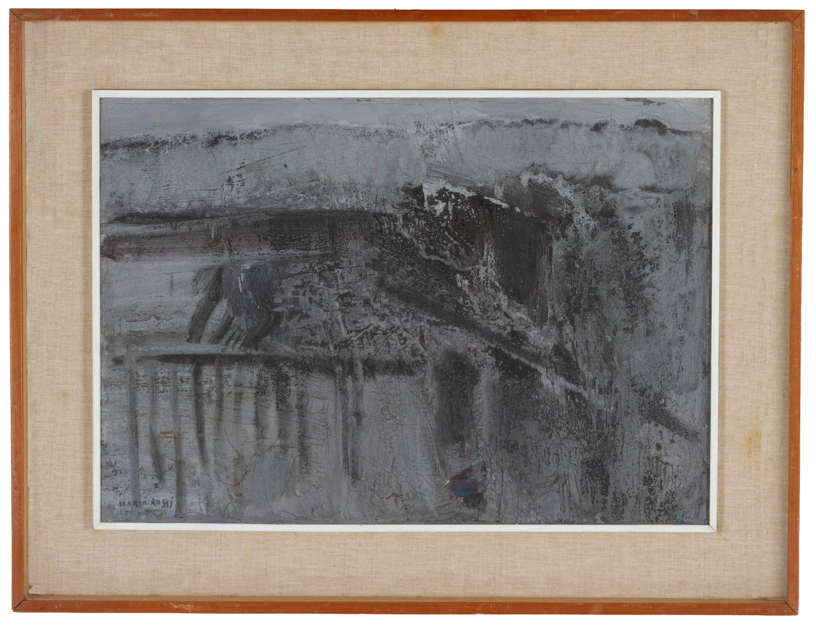 ILARIO ROSSI. Painting "GRAY WITH RAILING": ILARIO ROSSI (Bologna 1911 - 1994). Oil and tempera painting on canvas titled "GRIGIO CON RANHIERA". Signed lower left. Dated 1960 in the Venice Biennale cartouche on the back. Countersigned on the ba