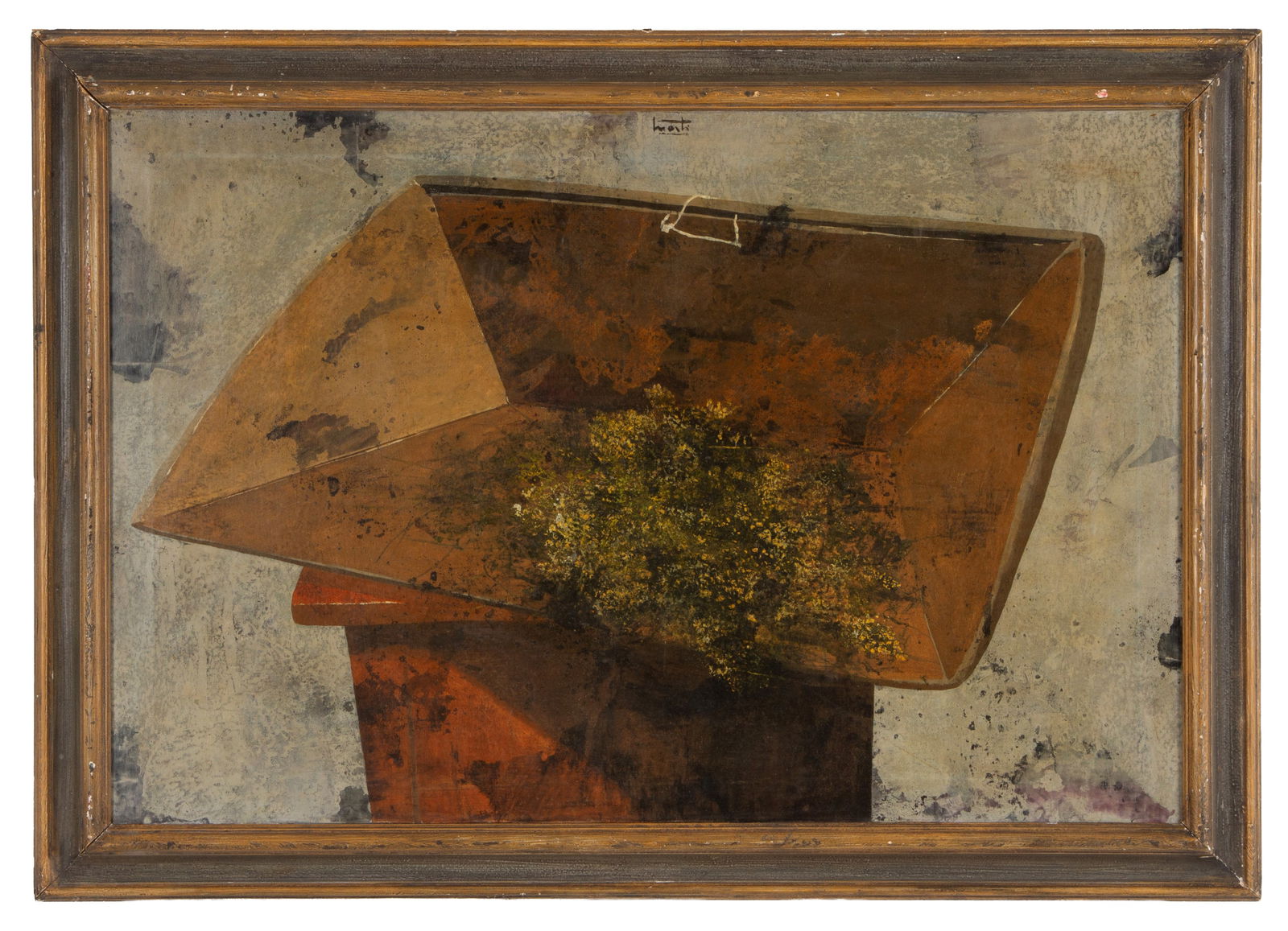 PIERO MOSTI. Painting "SUITCASE AND STILL LIFE": PIERO MOSTI (Massa 1941). Oil painting on canvas depicting "SUITCASE AND STILL LIFE". Signed upper center. Countersigned on the back. Framed. 60x90 cm approx. PIERO MOSTI (Massa 1941). Dipinto olio su