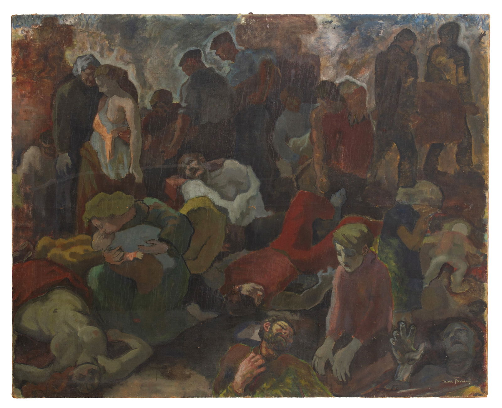 Painting "MASSACRE IN THE MINE": Oil painting on canvas depicting "MASSACRE IN THE MINE". Unidentified signature lower right. 165x204 cm approx. Dipinto olio su tela raffigurante "STRAGE NELLA MINIERA". Russia. Firma non identificata