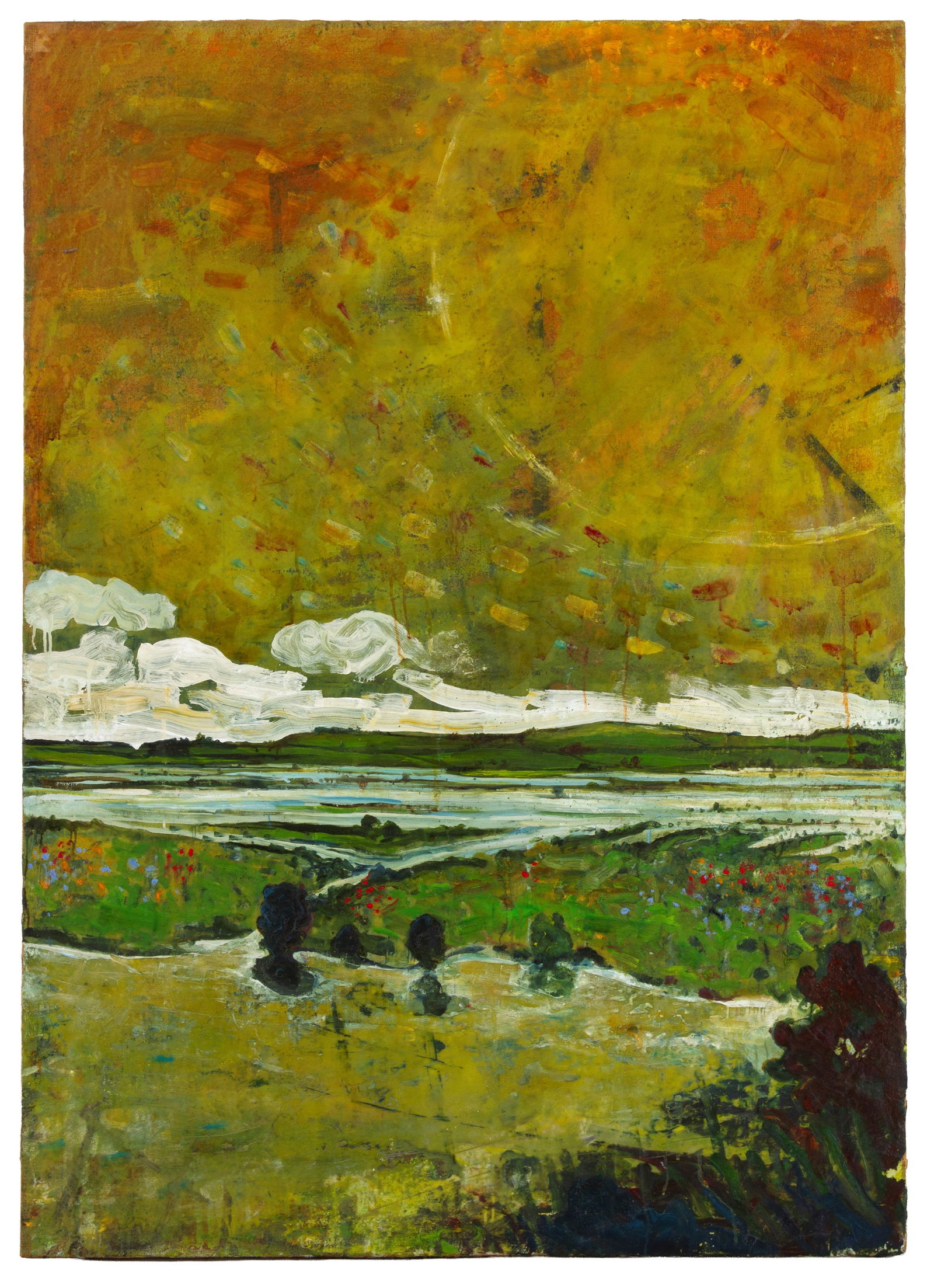 HARRY ADAMS. Painting "SUN DOGS OVER FLOODED VALLEY": HARRY ADAMS. Oil painting on canvas mounted on panel titled "SUN DOGS OVER FLOODED VALLEY". 2014. With a Galleria Paolo Curti/Annamaria Gambuzzi & Co. label on the back. 152.5x108 cm approx. HARRY ADA
