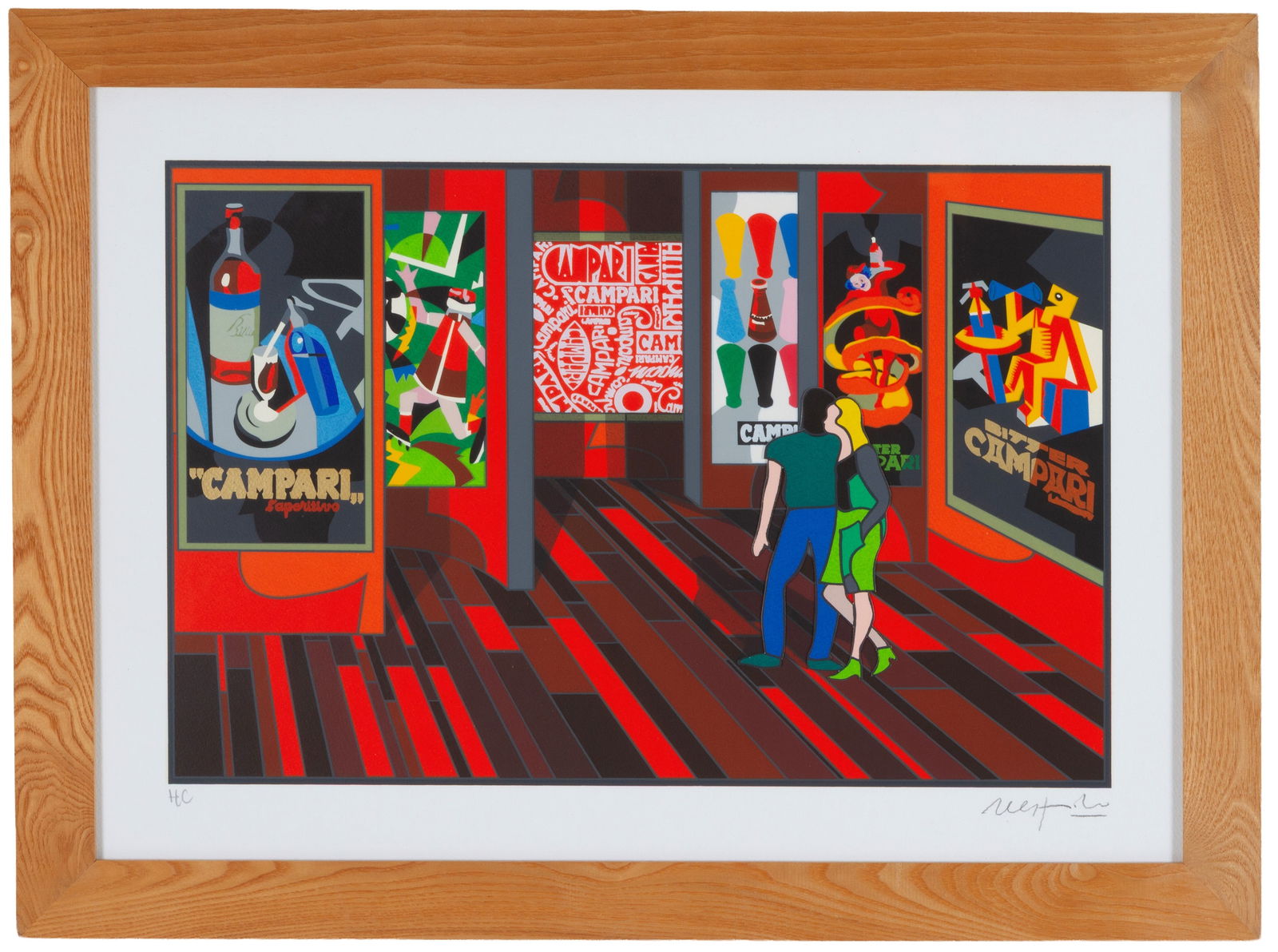 UGO NESPOLO. Polymaterial screen printing "CAMPARI": UGO NESPOLO (Mosso Santa Maria 1941). Polymaterial screen printing on paper depicting "CAMPARI". HC copy lower left. Signed lower right. Framed. 50x70 cm approx. UGO NESPOLO (Mosso Santa Maria 1941).