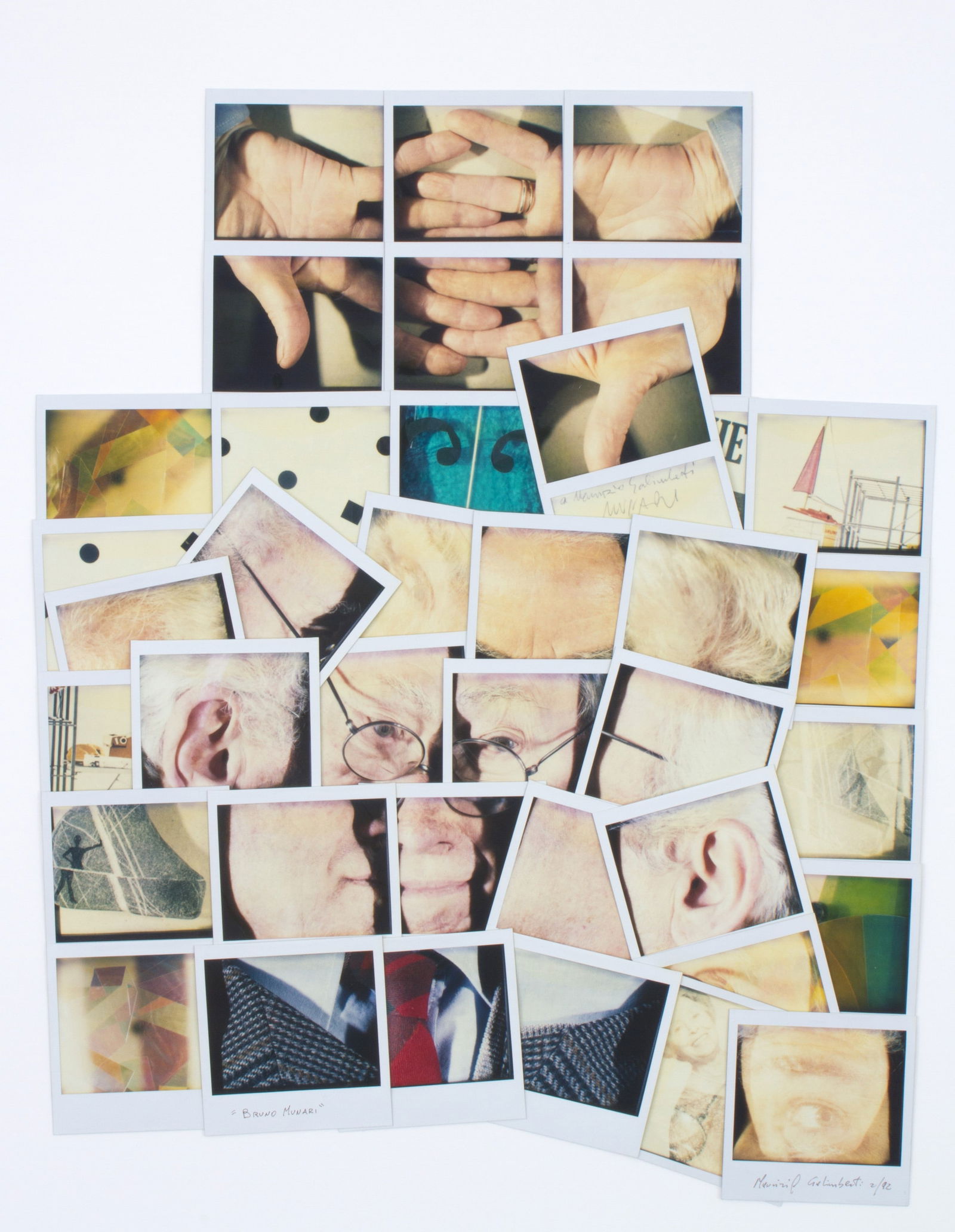 MAURIZIO GALIMBERTI. "BRUNO MUNARI, 1992": MAURIZIO GALIMBERTI (Como 1956). Mosaic of Polaroids "BRUNO MUNARI, 1992" glued to cardboard. Signature, title and date on the Polaroids. One Polaroid with a dedication from Bruno Munari to Maurizio
