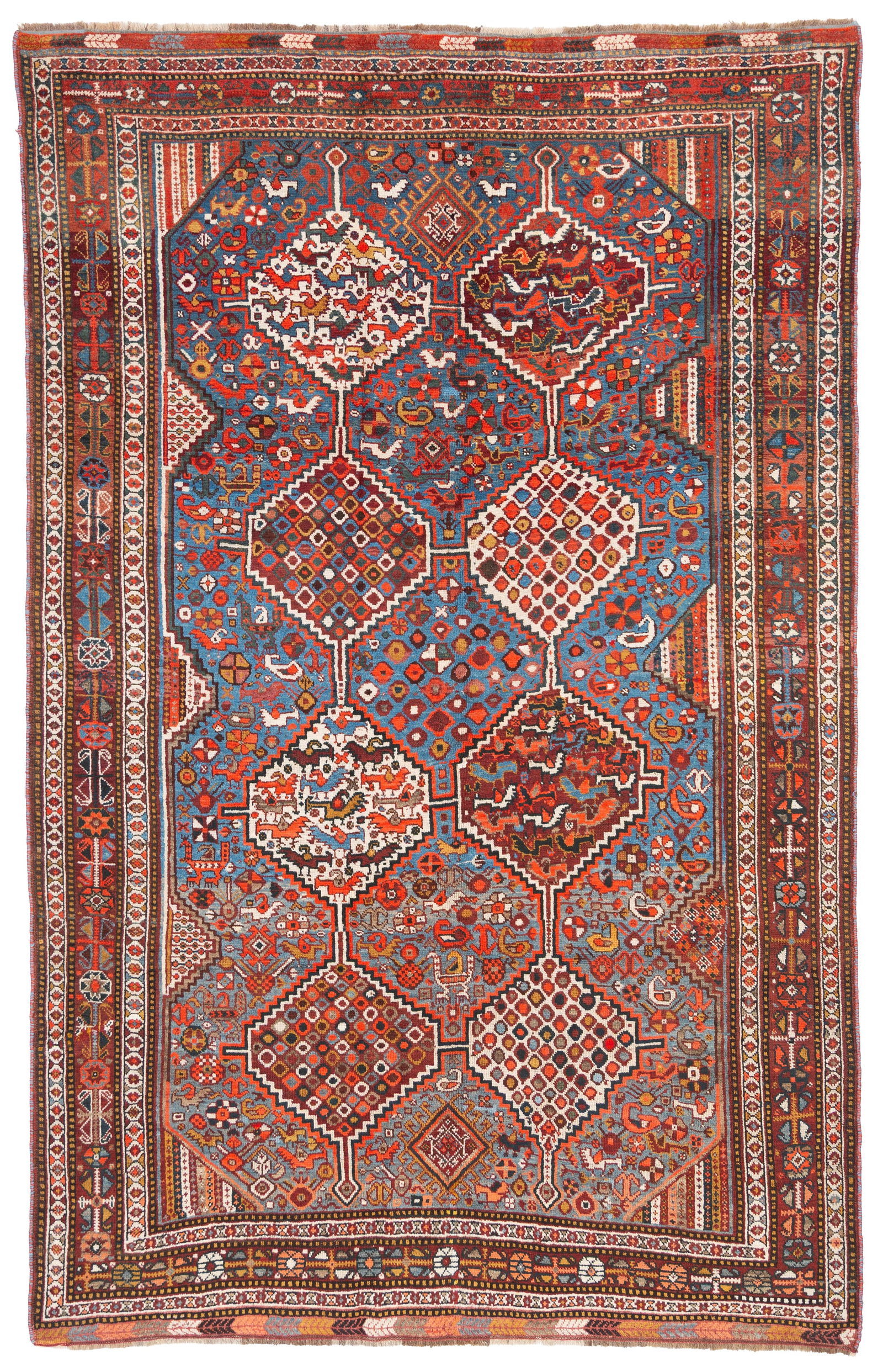 Khamseh carpet. Persia: Khamseh carpet. Persia. Around 1900. Excellent condition, pile field, no worn areas. 273x173 cm approx. Tappeto Khamseh. Persia. Circa 1900. Eccellente stato di conservazione, campo in vello, senza