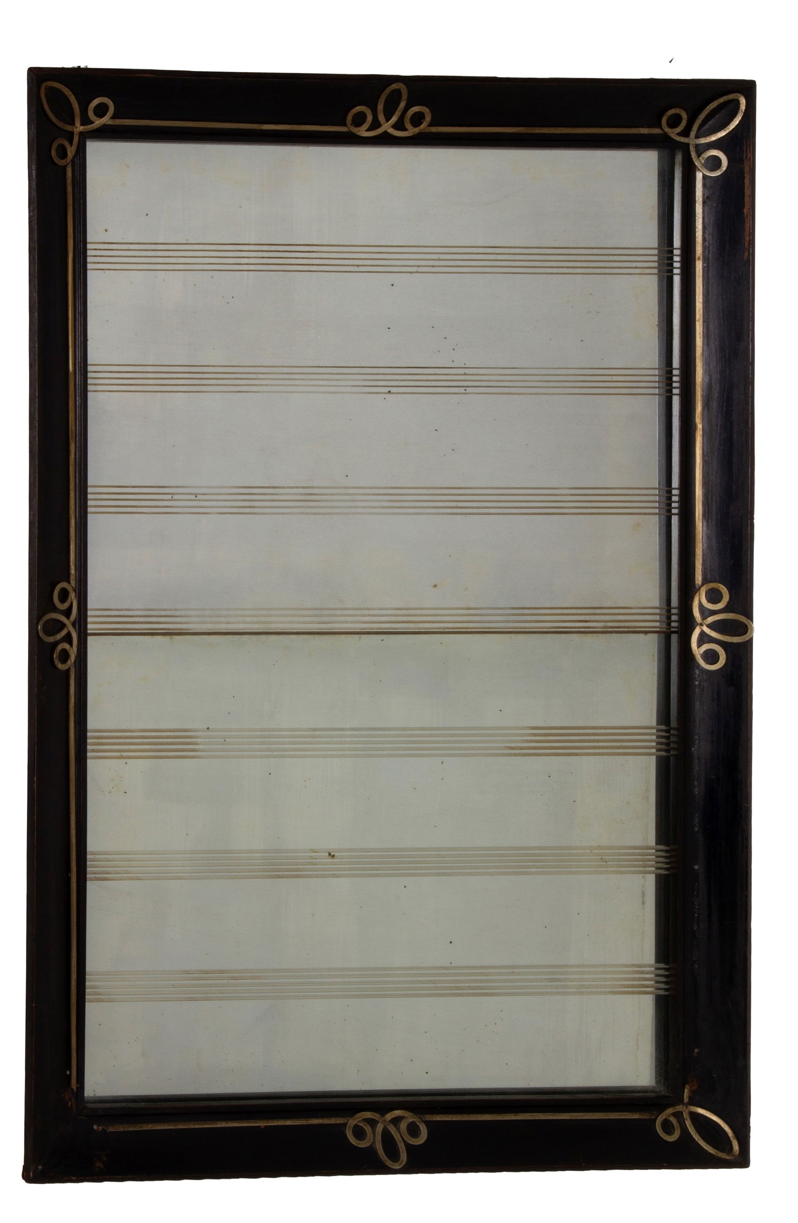 Mirror: Ebonized wooden mirror with iron trim. Early 20th century. Defects and missing parts. 101x71 cm approx. Specchiera in legno ebanizzato con profili in ferro. Inizi XX secolo. Difetti e mancanze. 101x71